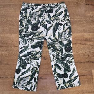 Per Se Palm Print Linen Drawstring Elastic Waist Pants XL Vacation Resort Travel